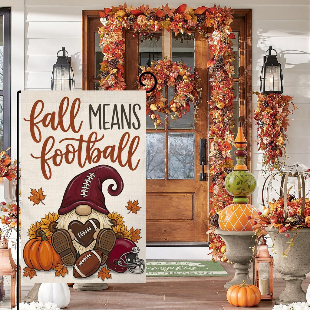 Fall Means Football Gnome Garden Flag 12x18 Pumpkin Helmet Heart Yard Decor
