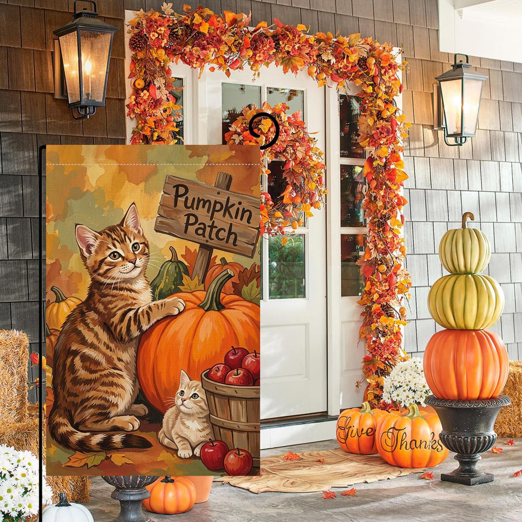 Fall Cat Pumpkin Patch Garden Flag 12x18 Kitten Apple Basket Yard Decor