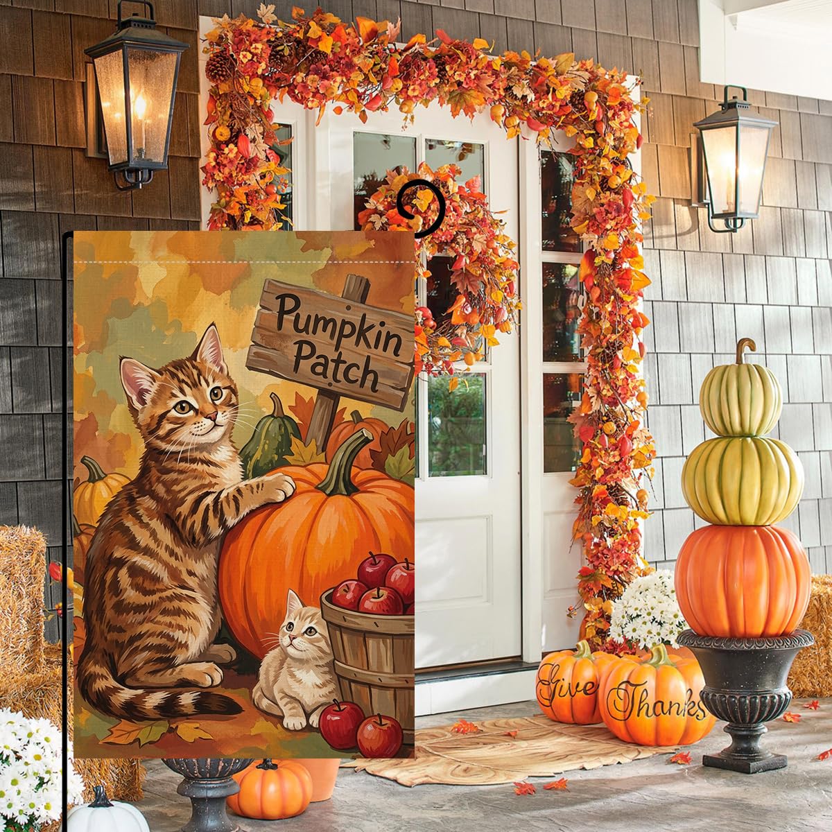 Fall Cat Pumpkin Patch Garden Flag 12x18 Kitten Apple Basket Yard Decor
