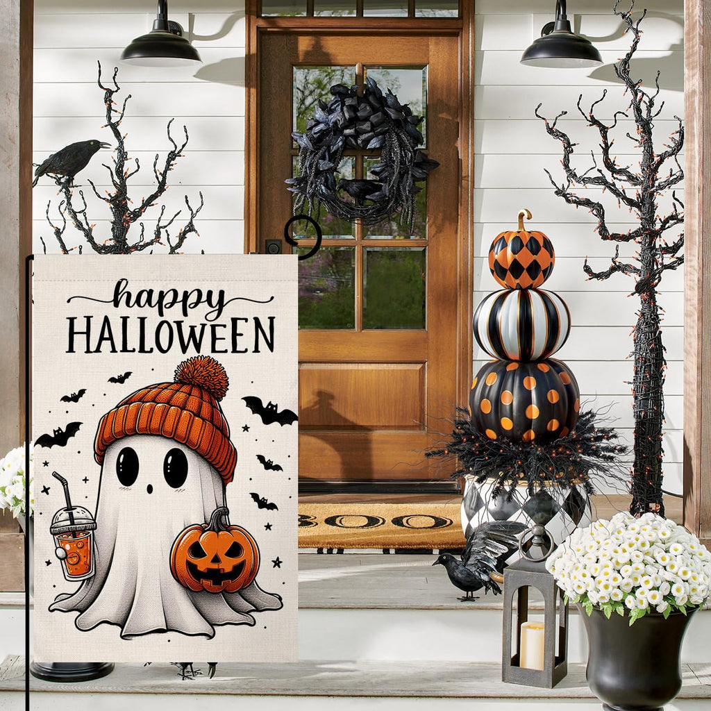 Halloween Ghost Garden Flag 12x18 Vertical Double Sided Black Bat Happy Fall Holiday Outside Decorations Burlap Yard Flag