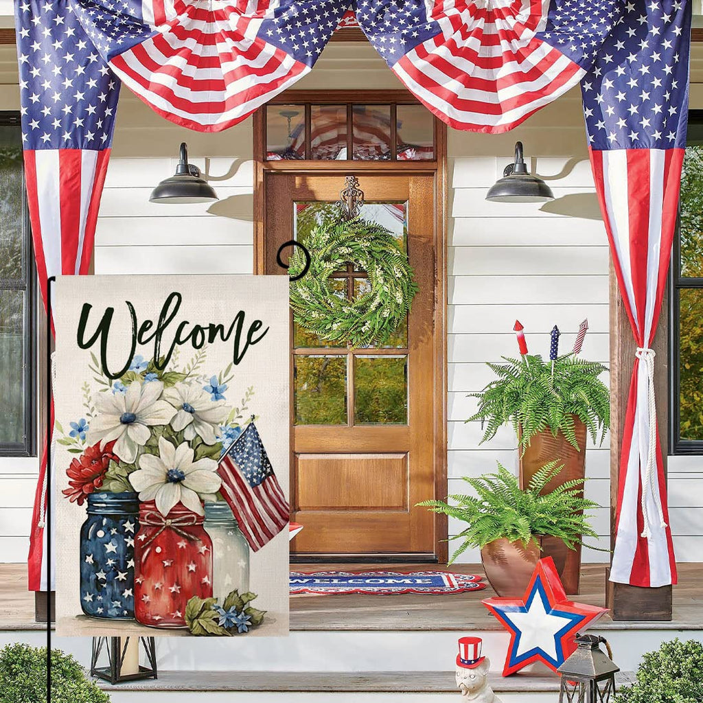 4th of July Floral Garden Flag 12x18 Vertical Double Sided Patriotic Mason Jar Flowers Red Blue Memorial Day Independence Day Holiday Outside Decorations Burlap Yard Flag