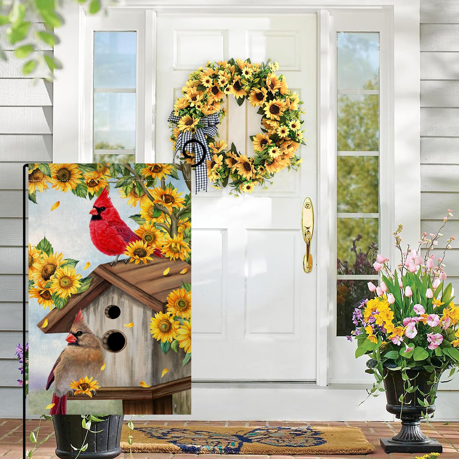 Summer Sunflowers Cardinal Bird Garden Flag 12x18 Vertical Double Sided Yellow Flowers Spring Farmhouse Holiday Outside Decorations Burlap Yard Flag