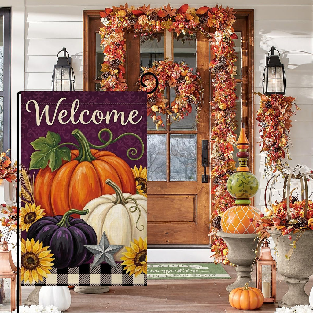 Fall Welcome Pumpkins Garden Flag 12x18 Sunflowers Buffalo Plaid Yard Decor