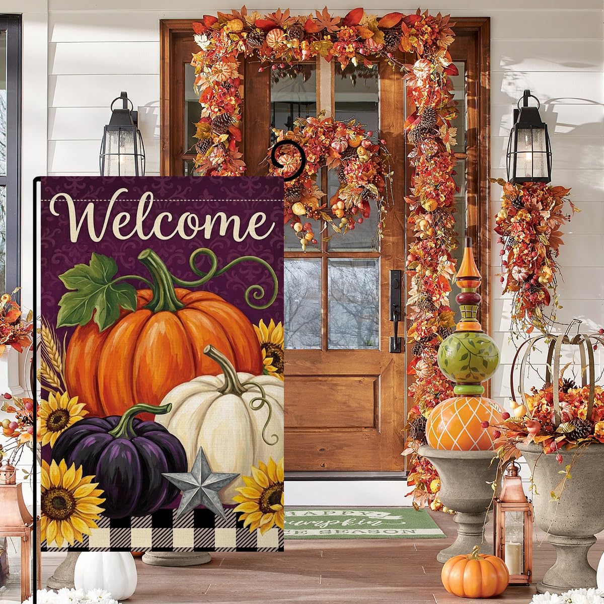 Fall Welcome Pumpkins Garden Flag 12x18 Sunflowers Buffalo Plaid Yard Decor