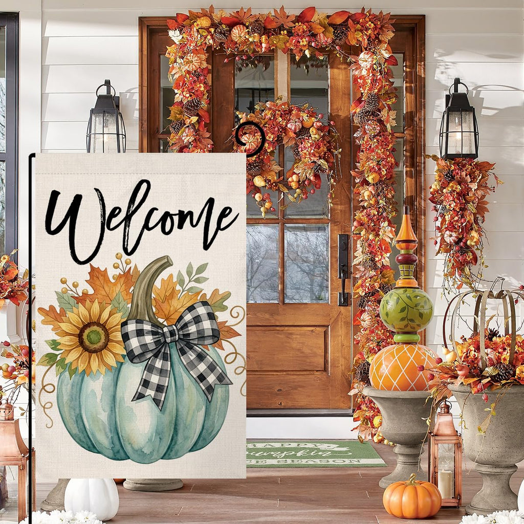 Fall Welcome Teal Pumpkin Garden Flag 12x18 Sunflower Plaid Bow Yard Decor