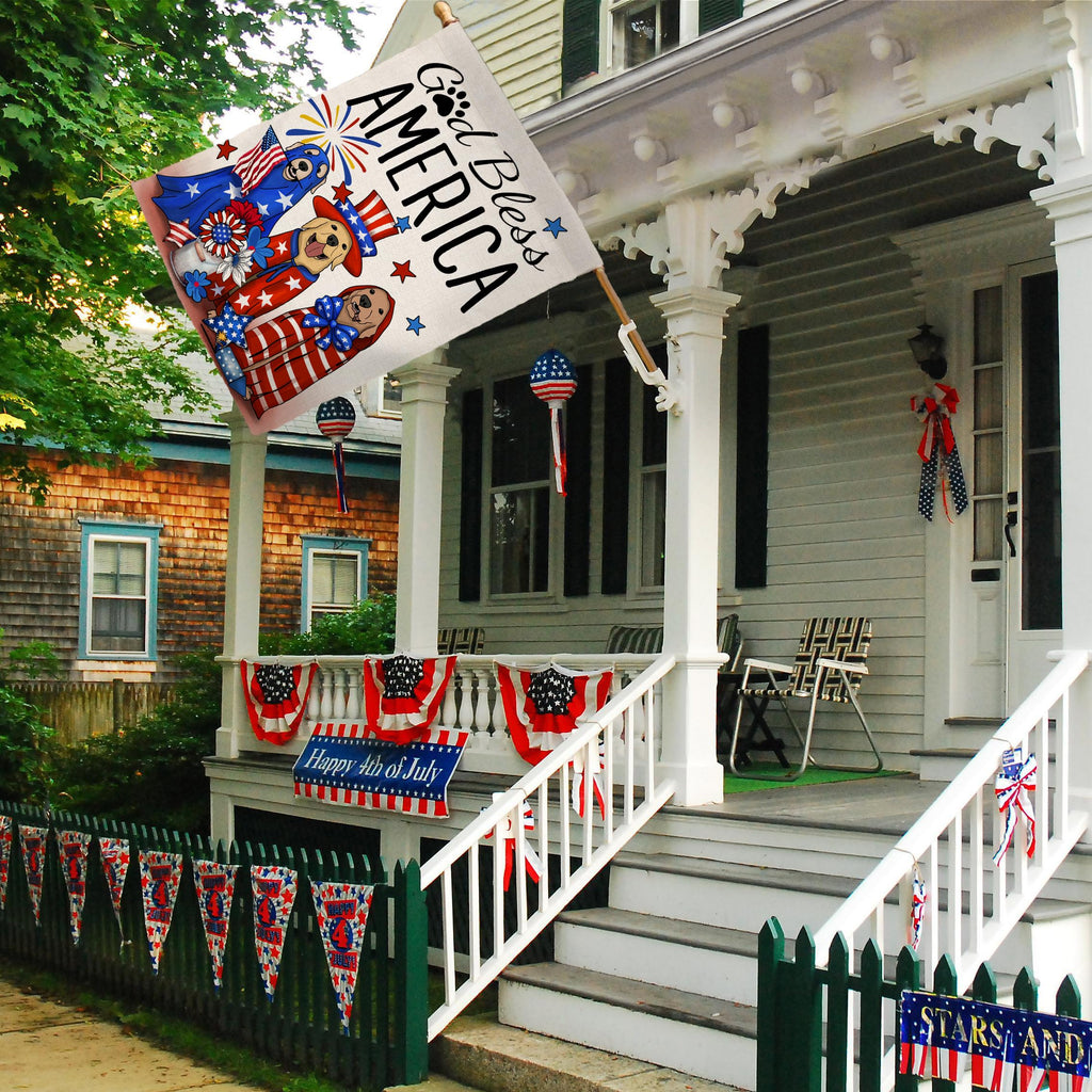 4th of July Dogs Garden Flag 12x18 Vertical Double Sided God Bless America Red Blue Floral Memorial Day Independence Day Holiday Outside Decorations Burlap Yard Flag