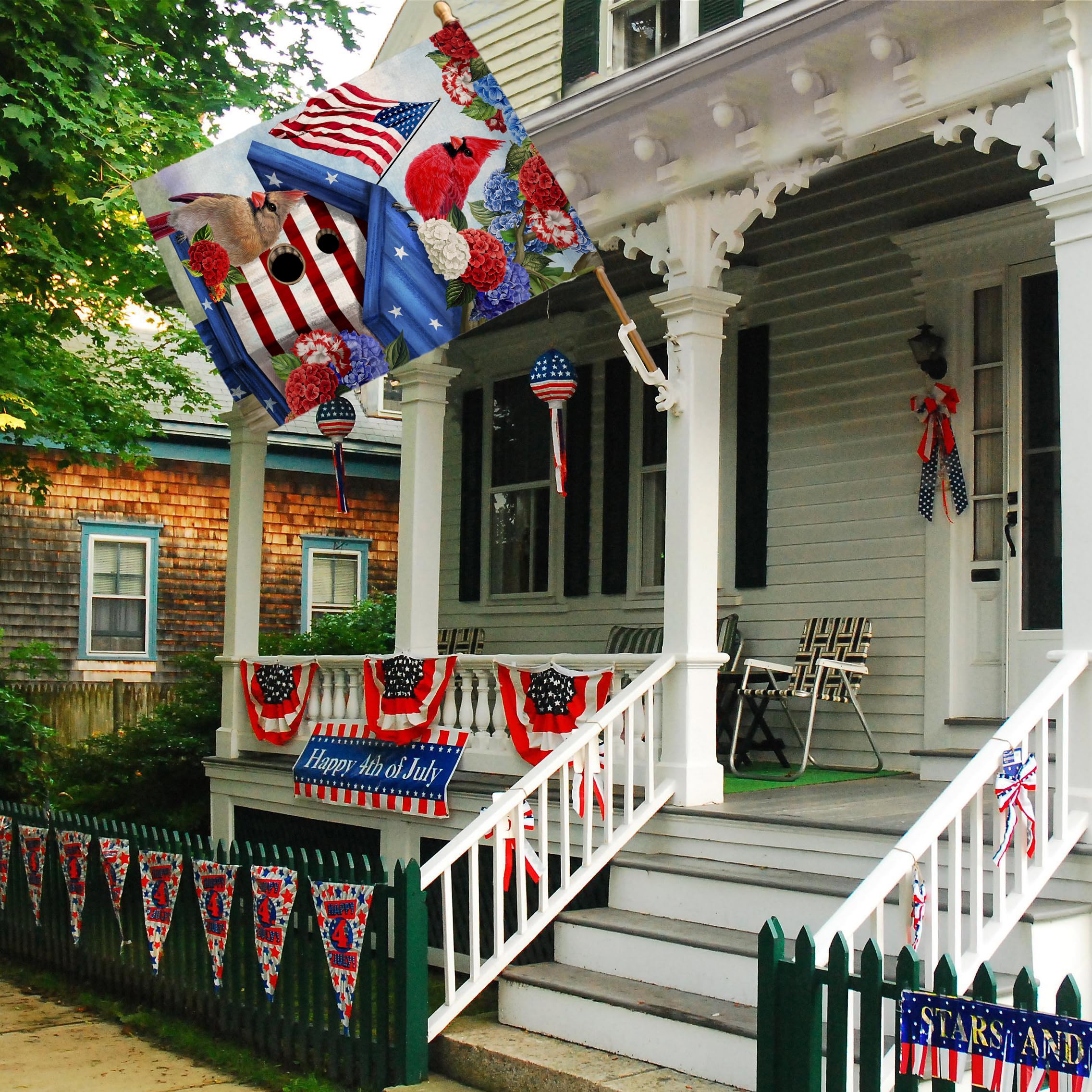 4th of July Cardinal Bird House Flag 28x40 Vertical Double Sided Red Blue Floral Memorial Day Independence Day Holiday Outside Decorations Burlap Yard Flag -40
