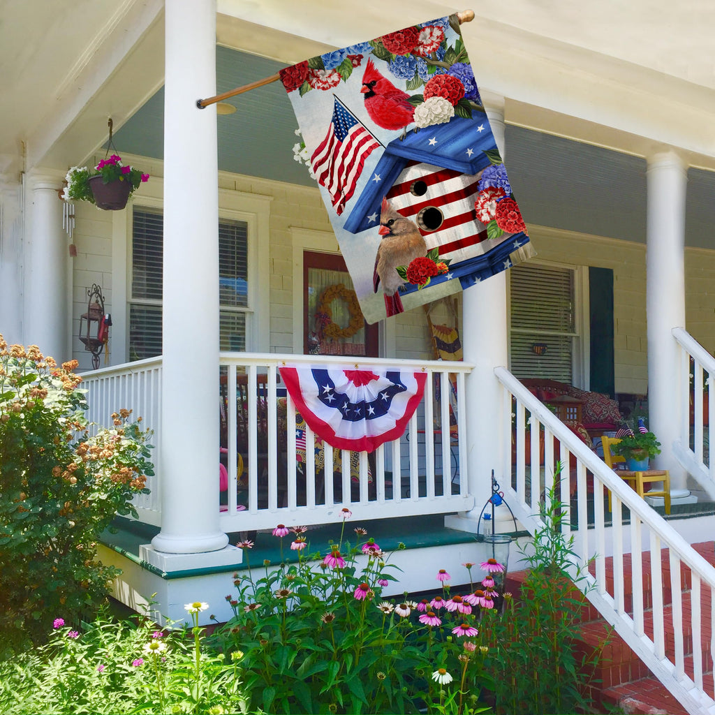 4th of July Cardinal Bird House Flag 28x40 Vertical Double Sided Red Blue Floral Memorial Day Independence Day Holiday Outside Decorations Burlap Yard Flag -40