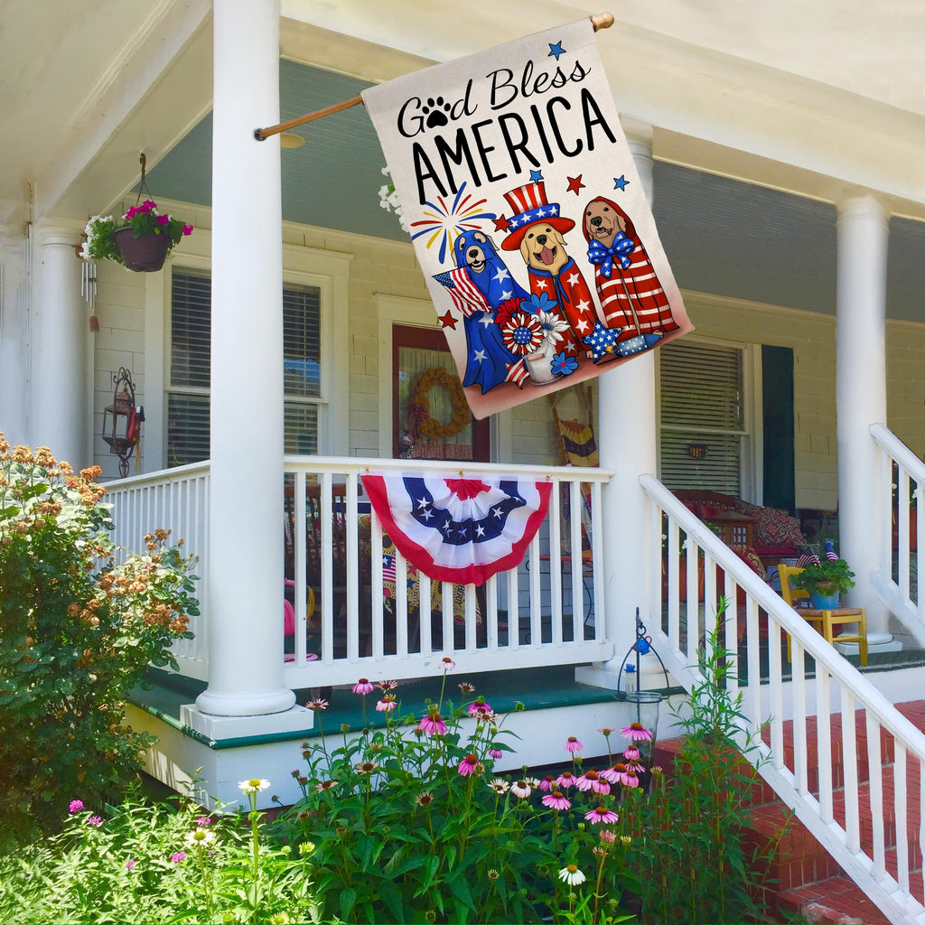 4th of July Dogs Garden Flag 12x18 Vertical Double Sided God Bless America Red Blue Floral Memorial Day Independence Day Holiday Outside Decorations Burlap Yard Flag