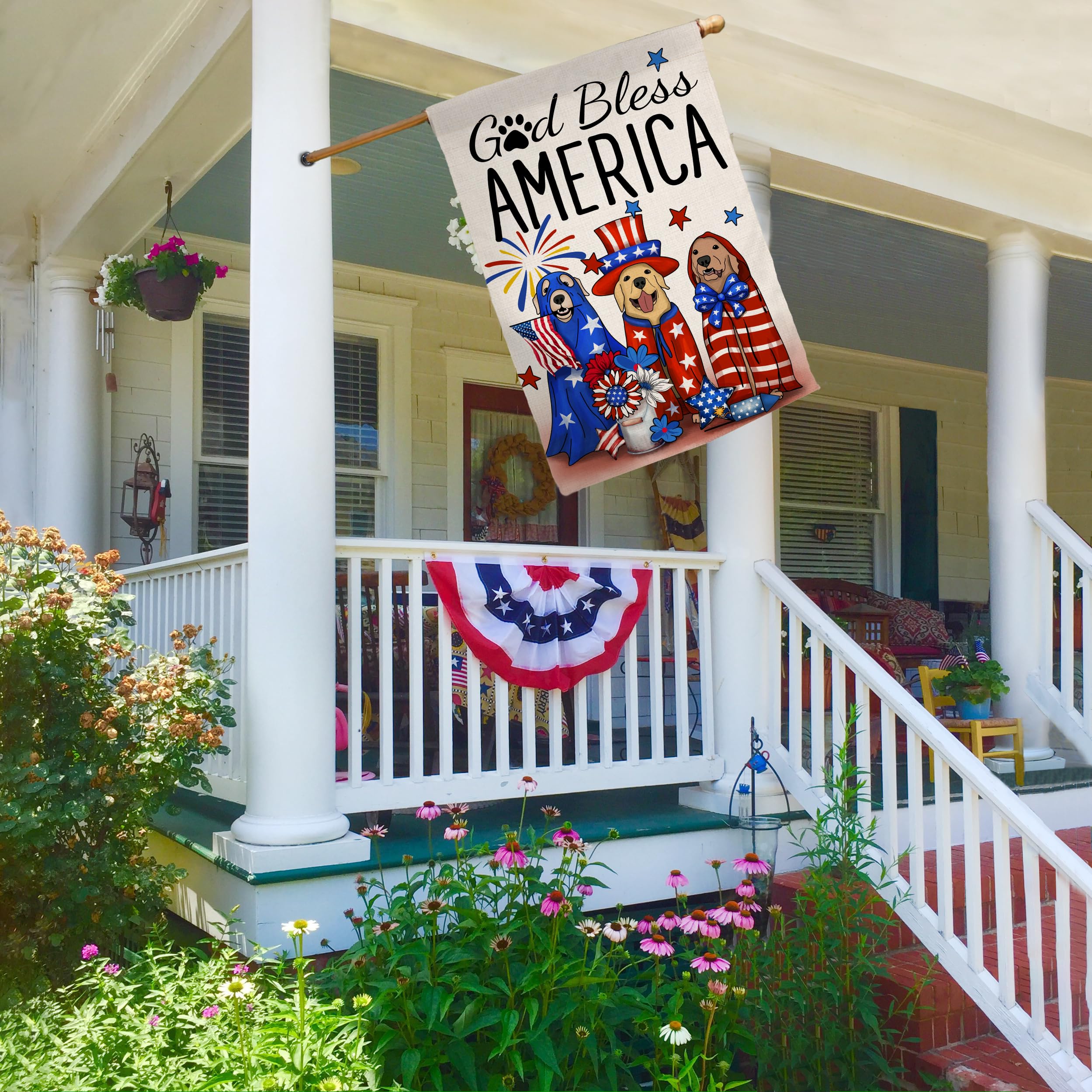 4th of July Dogs Garden Flag 12x18 Vertical Double Sided God Bless America Red Blue Floral Memorial Day Independence Day Holiday Outside Decorations Burlap Yard Flag
